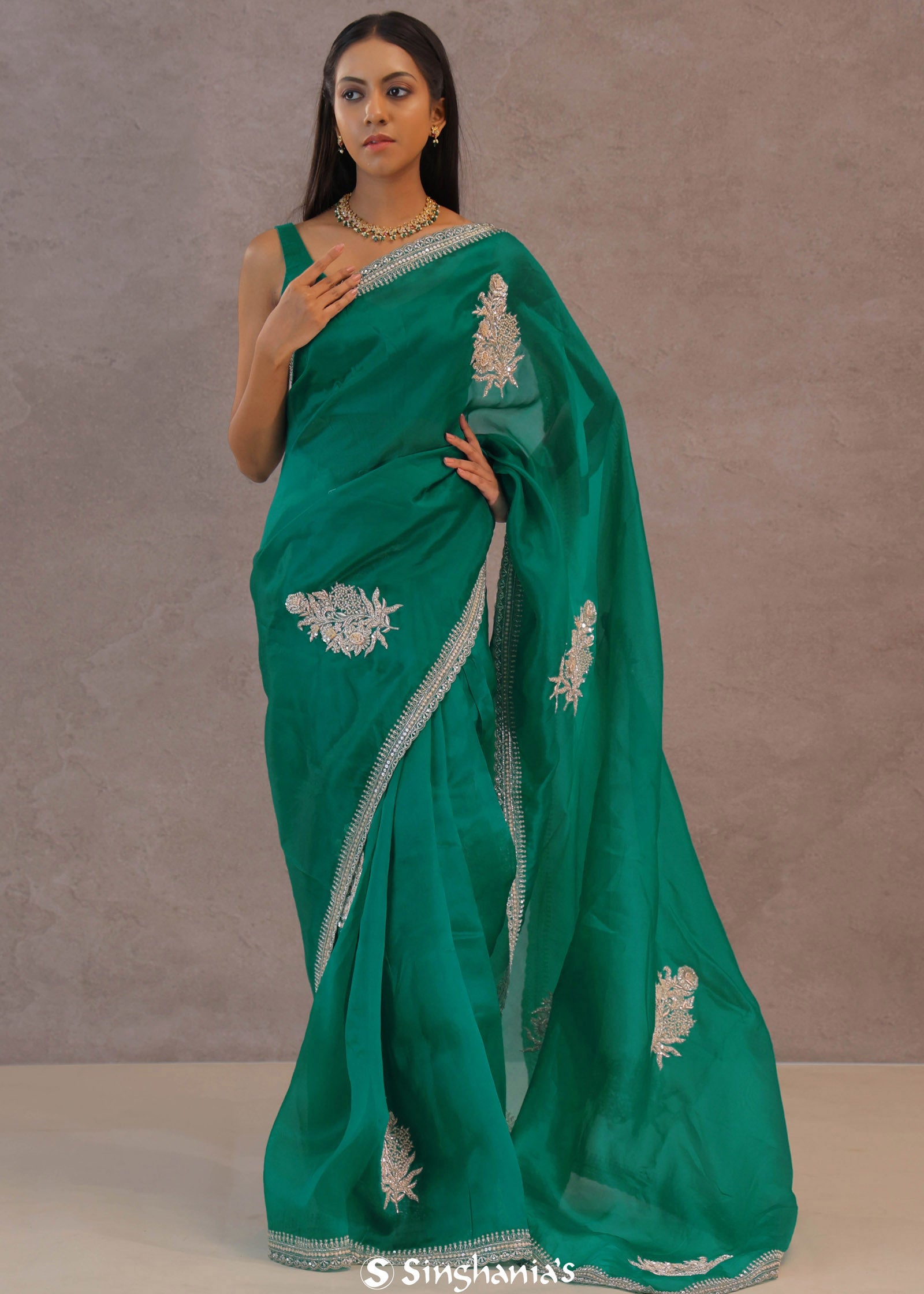 Ocean Blue Organza Embroidery Saree With Scallop Border