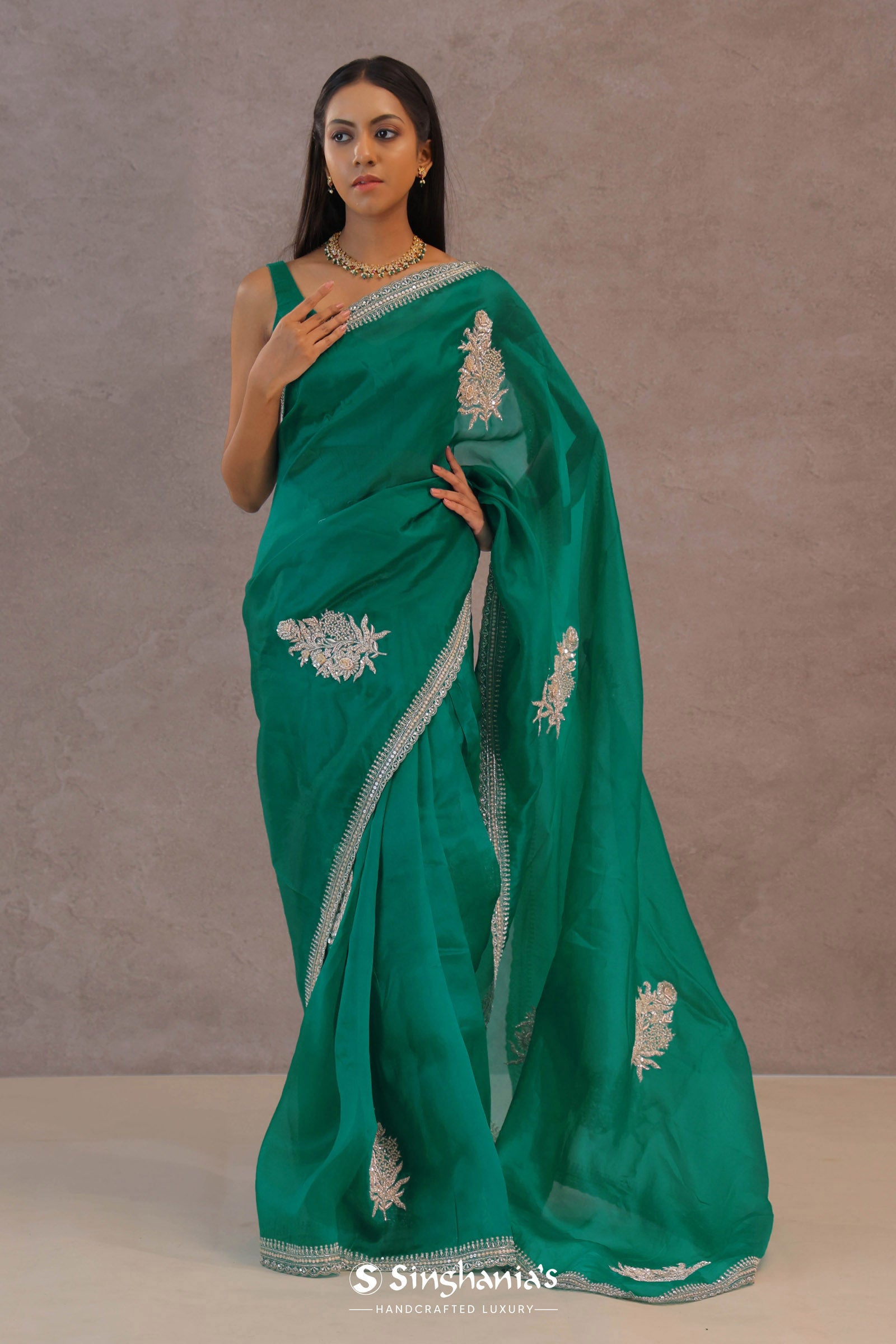 Ocean Blue Organza Embroidery Saree With Scallop Border