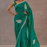 Ocean Blue Organza Embroidery Saree With Scallop Border
