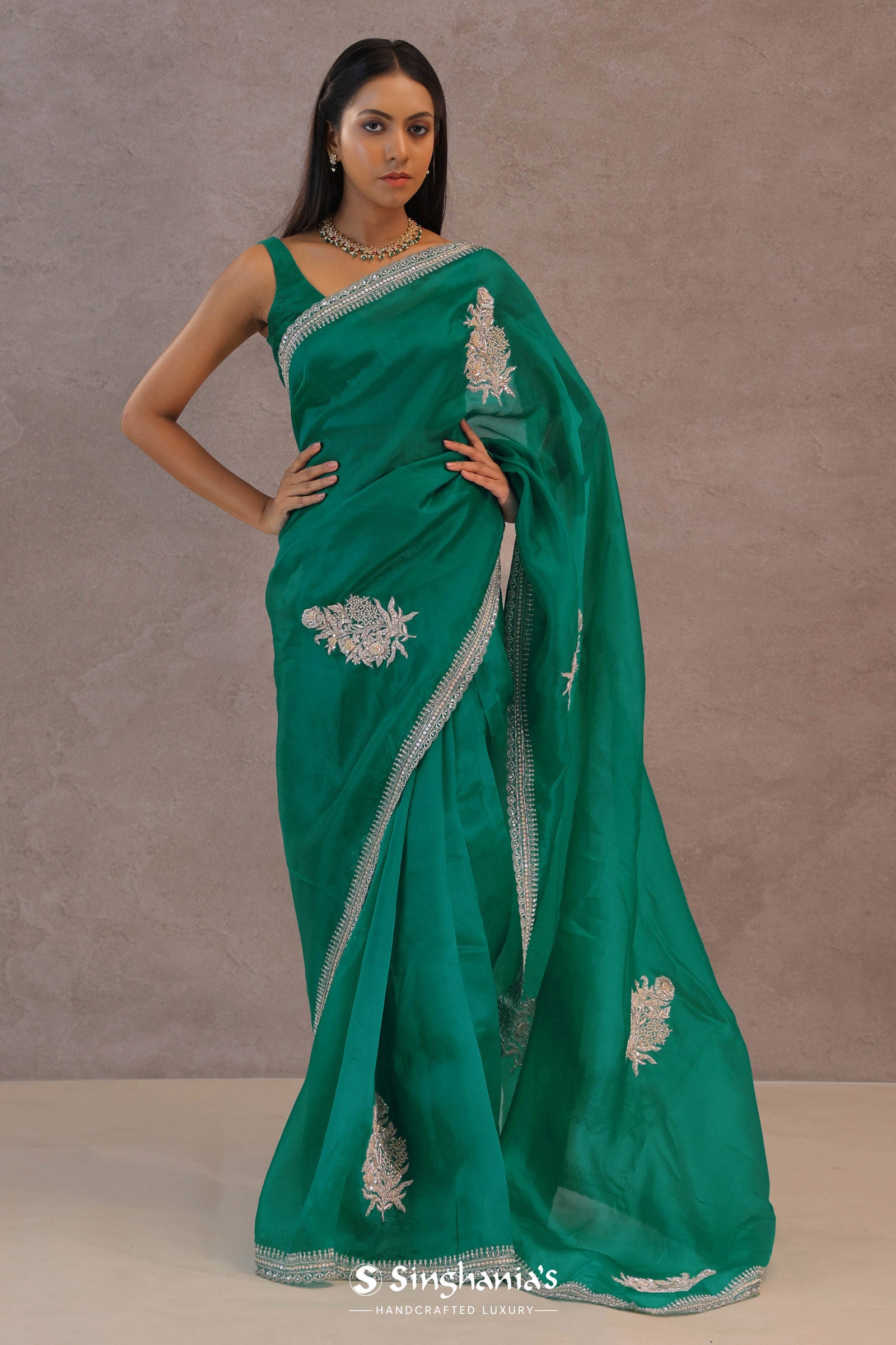 Ocean Blue Organza Embroidery Saree With Scallop Border