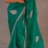 Ocean Blue Organza Embroidery Saree With Scallop Border