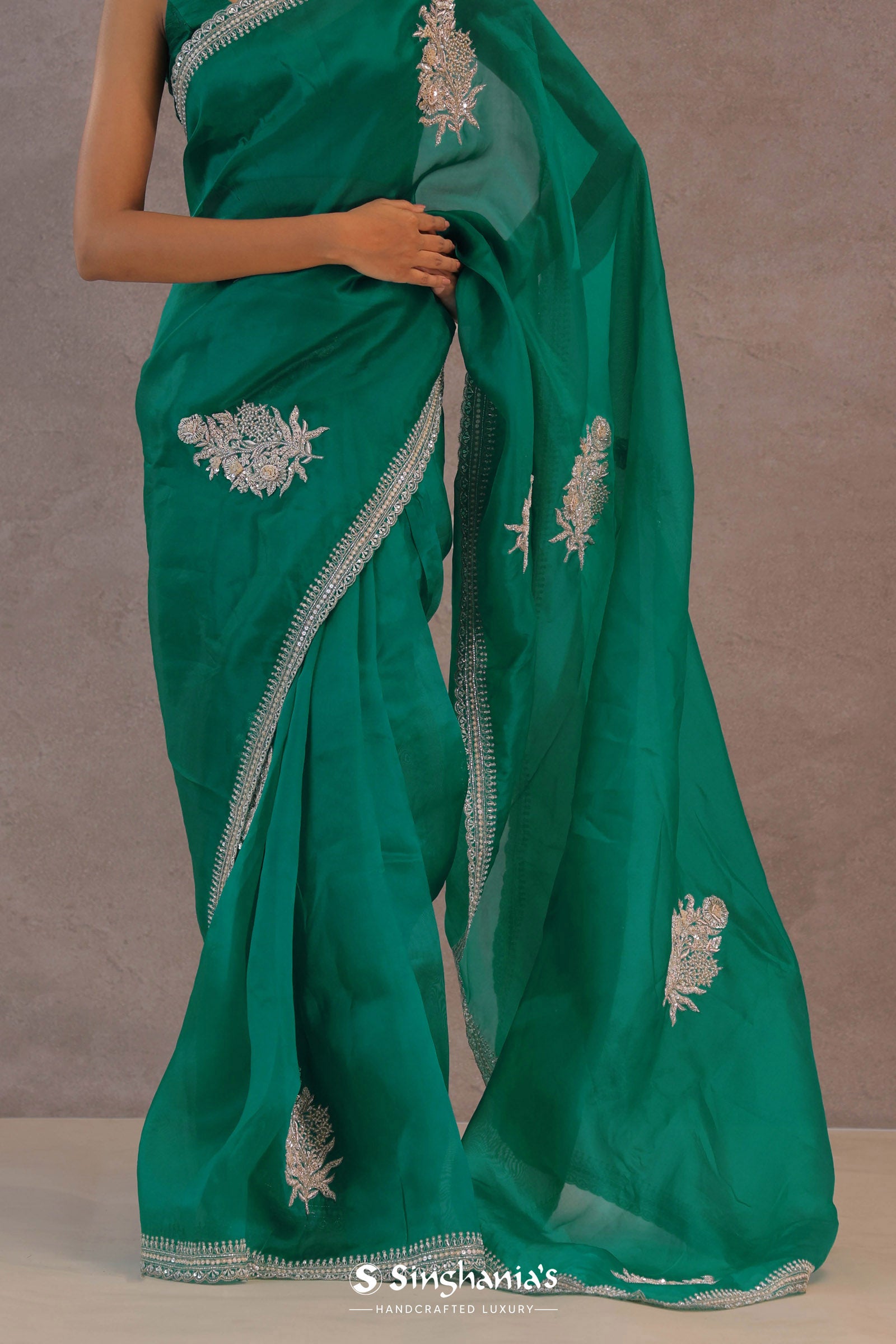 Ocean Blue Organza Embroidery Saree With Scallop Border