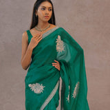Ocean Blue Organza Embroidery Saree With Scallop Border