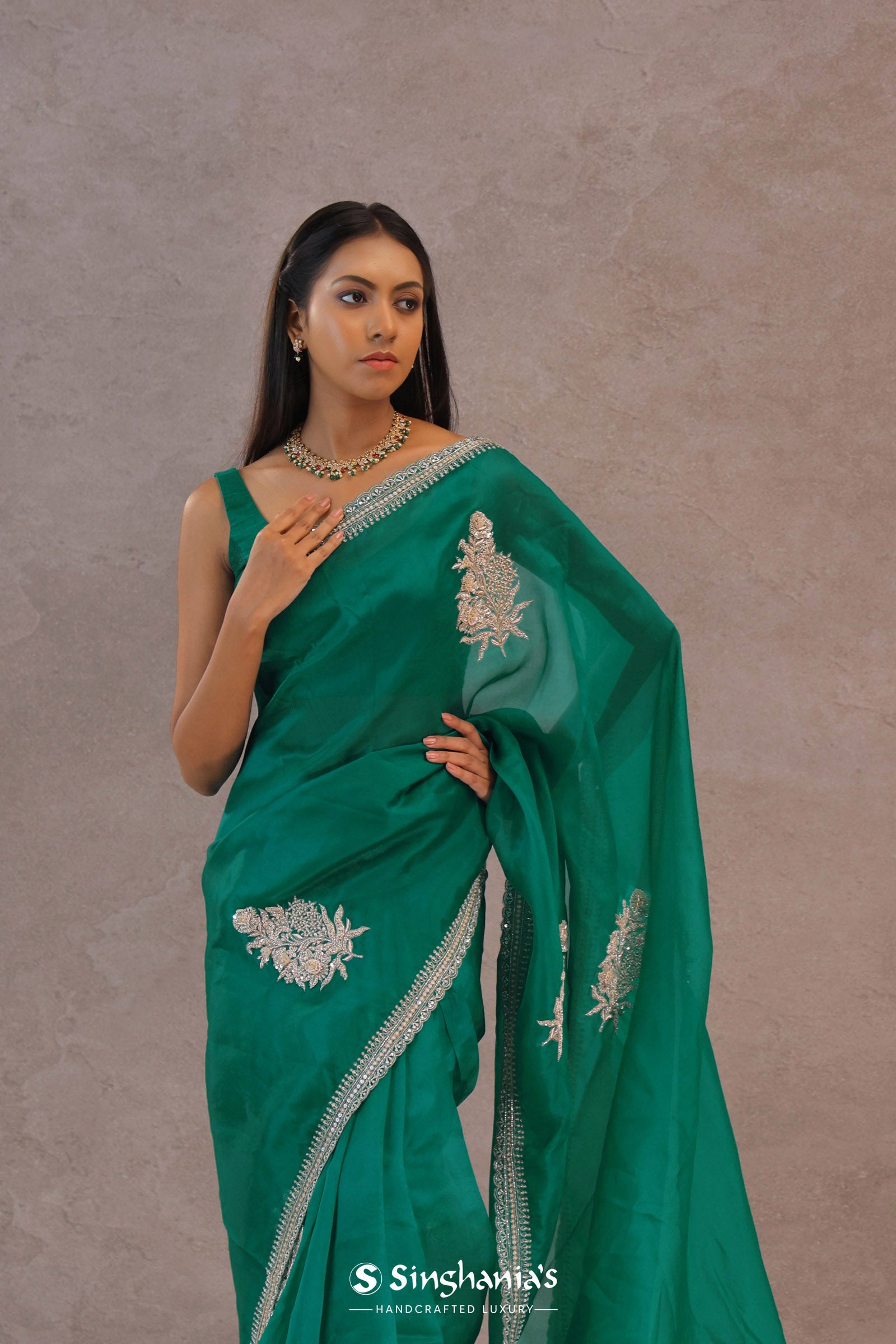 Ocean Blue Organza Embroidery Saree With Scallop Border