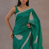 Ocean Blue Organza Embroidery Saree With Scallop Border