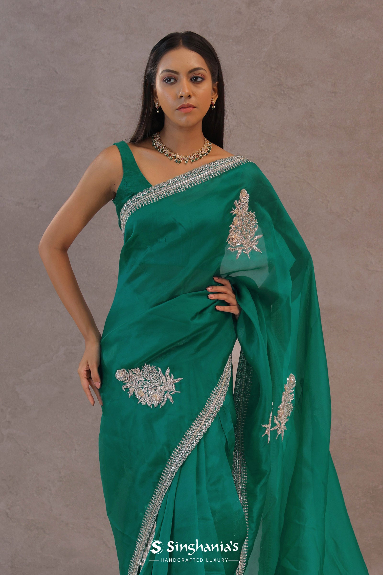 Ocean Blue Organza Embroidery Saree With Scallop Border