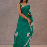 Ocean Blue Organza Embroidery Saree With Scallop Border
