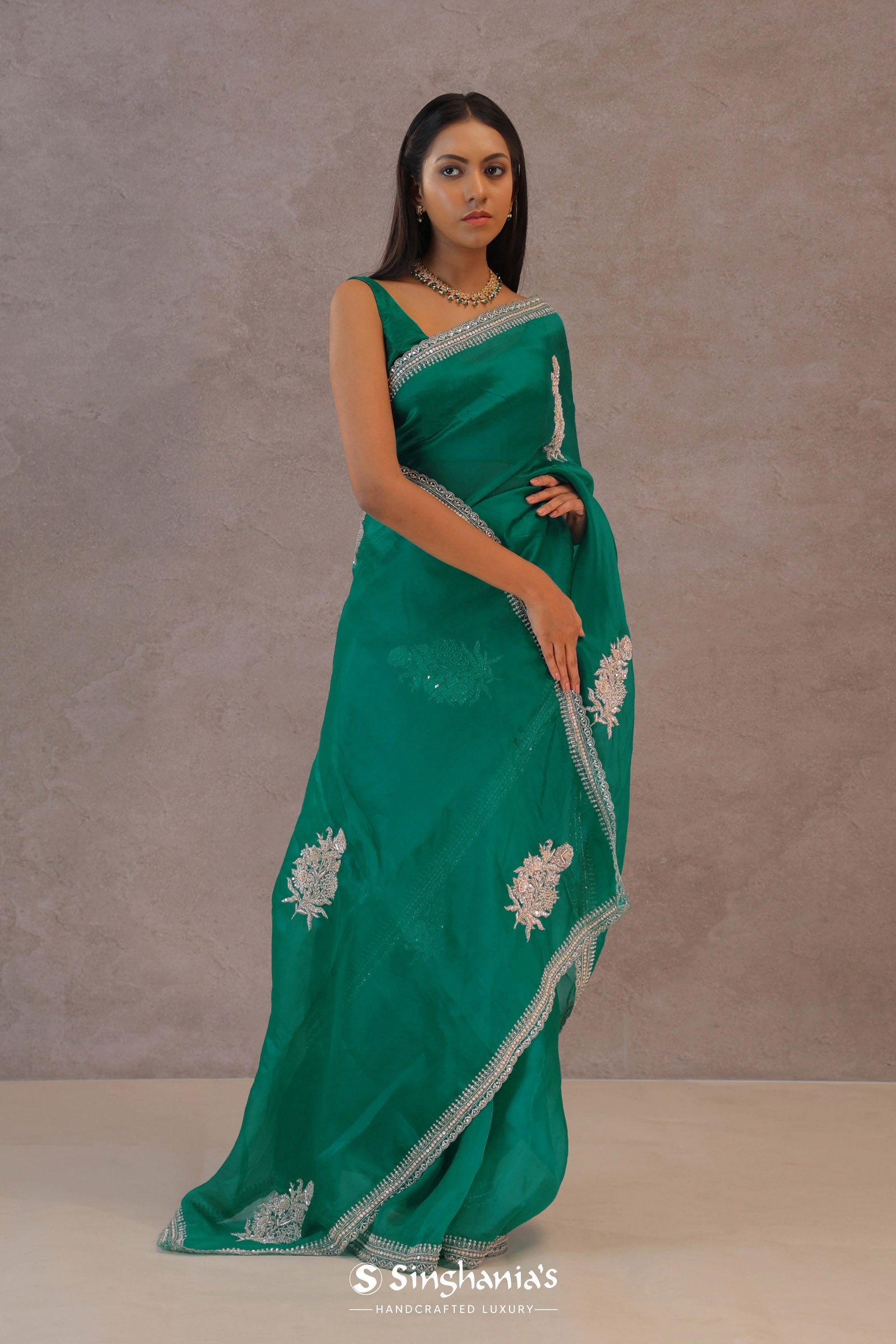 Ocean Blue Organza Embroidery Saree With Scallop Border