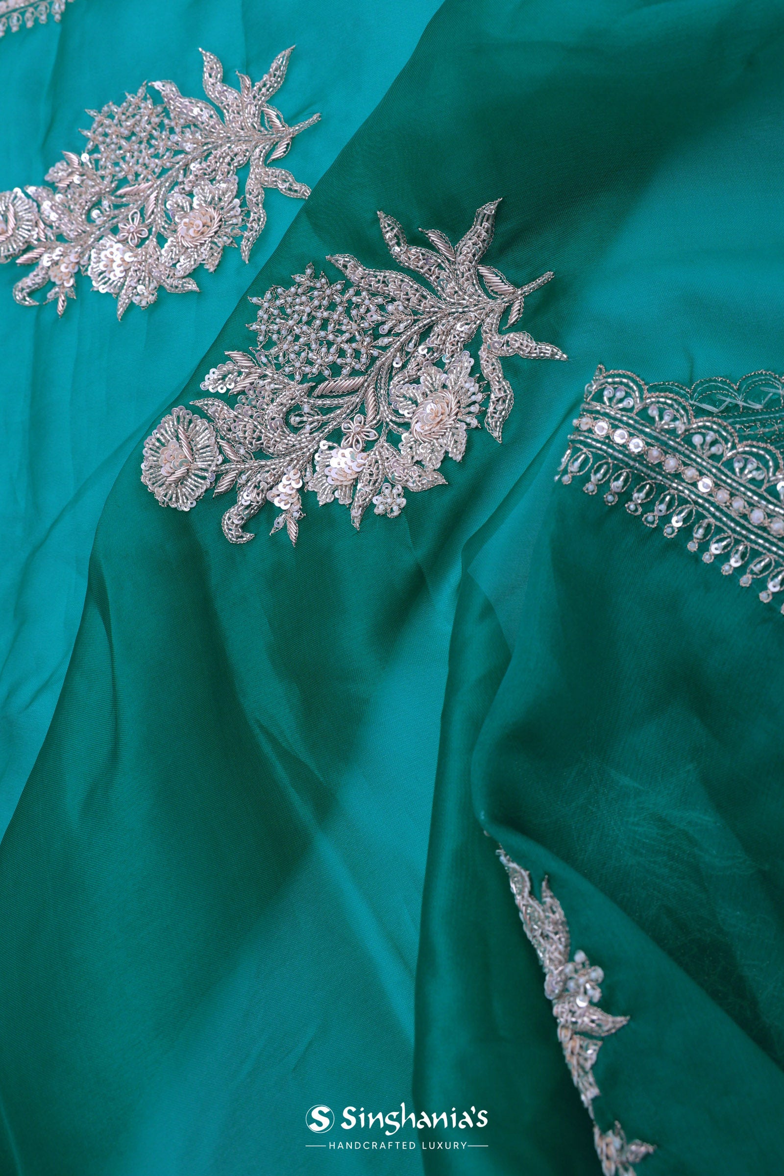 Ocean Blue Organza Embroidery Saree With Scallop Border