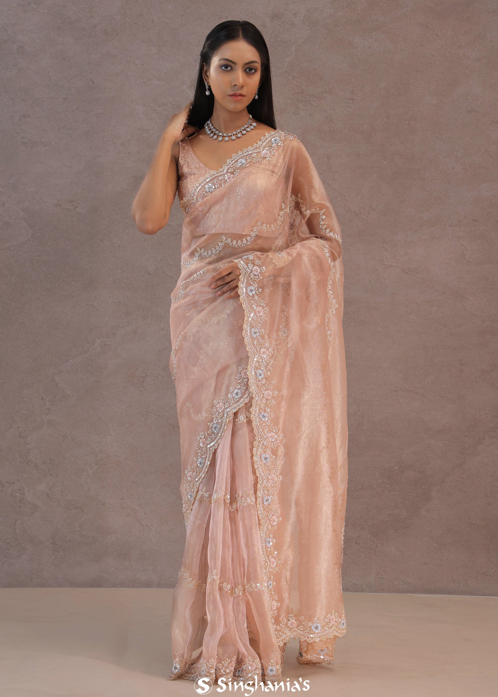 Soft Lemonade Pink Organza Embroidery Saree With Scallop Border