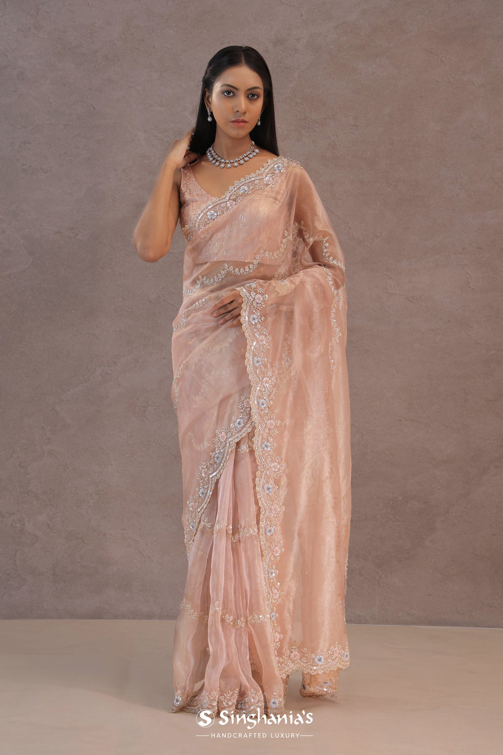 Soft Lemonade Pink Organza Embroidery Saree With Scallop Border