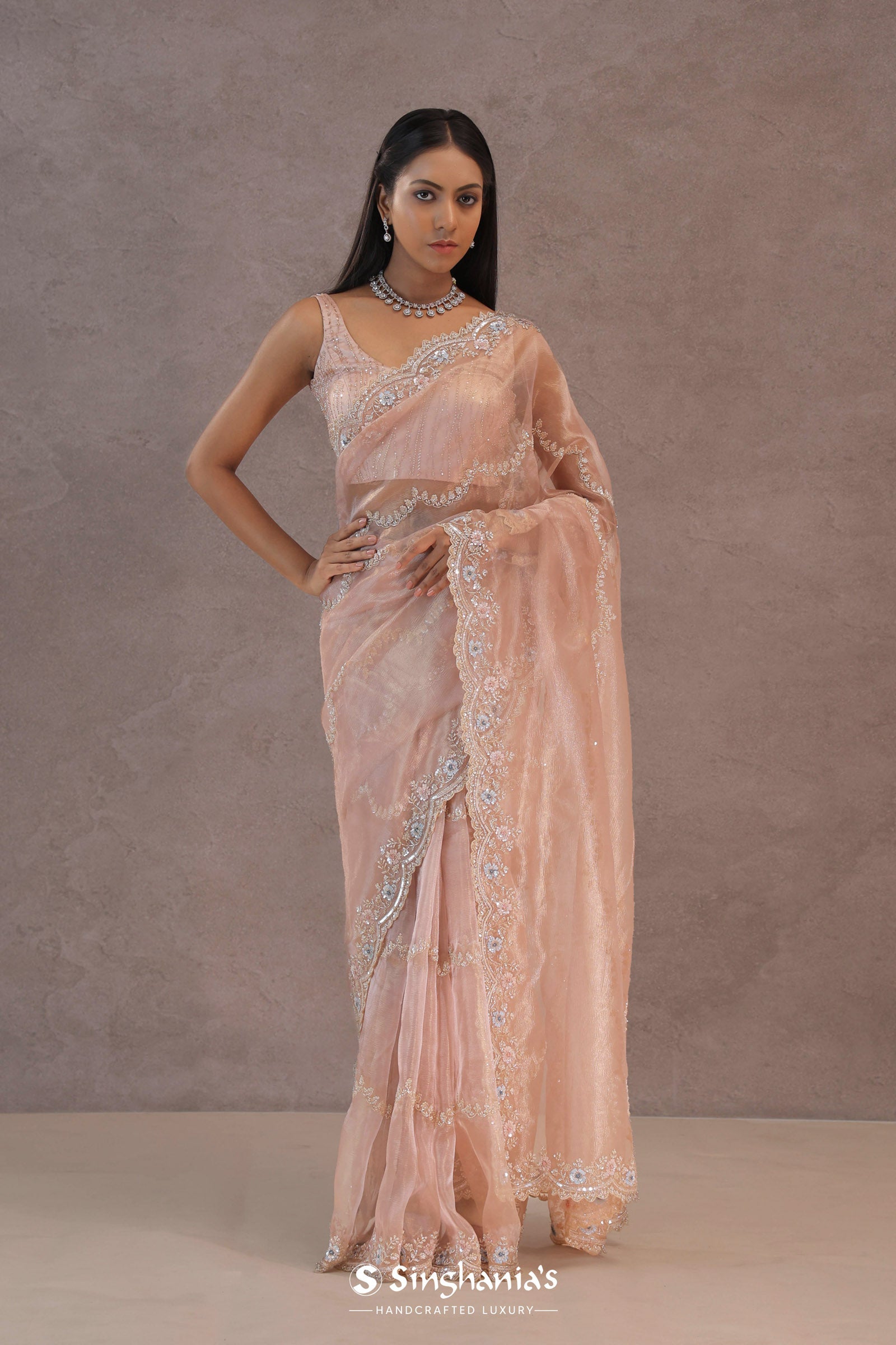 Soft Lemonade Pink Organza Embroidery Saree With Scallop Border