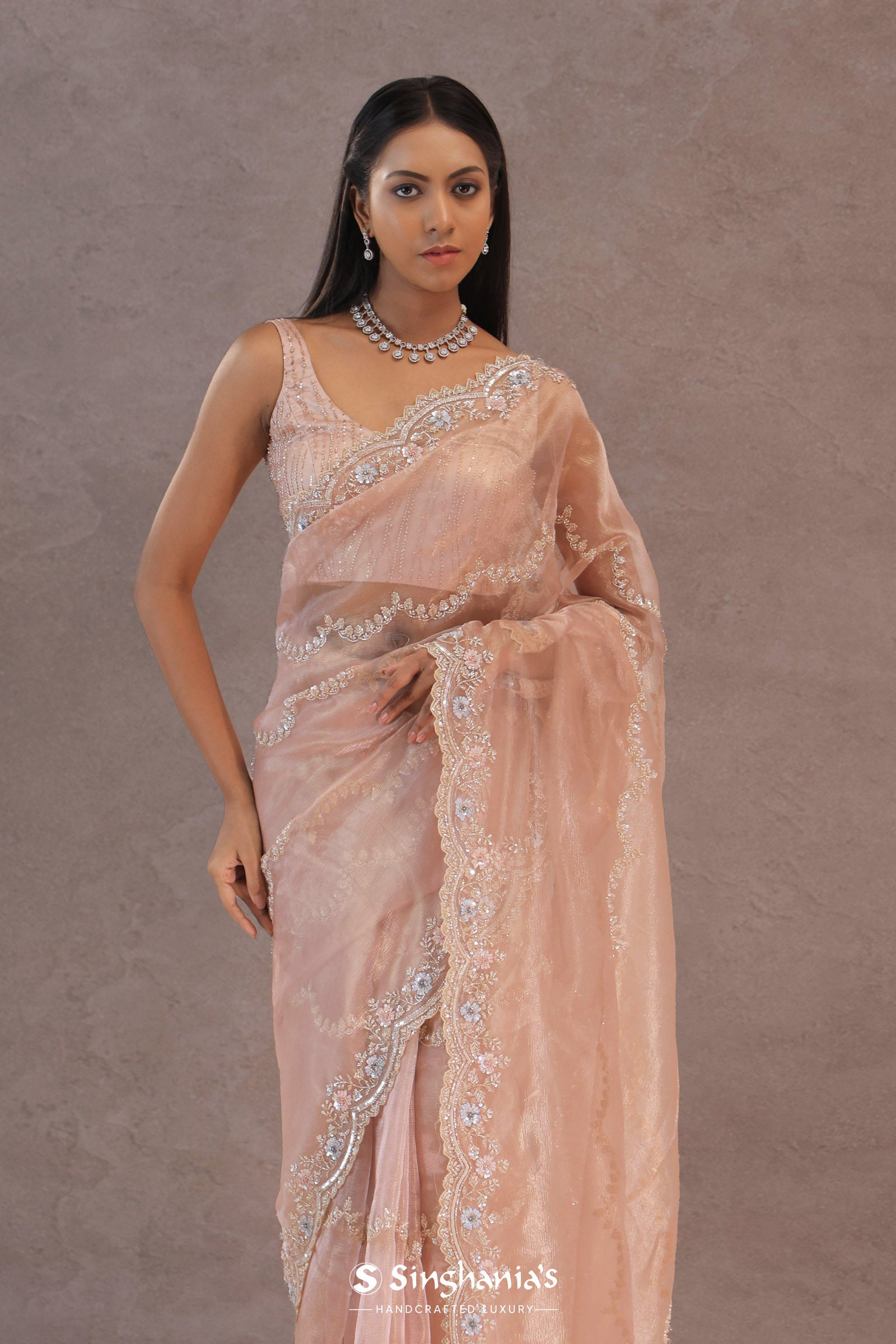 Soft Lemonade Pink Organza Embroidery Saree With Scallop Border