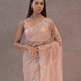 Soft Lemonade Pink Organza Embroidery Saree With Scallop Border