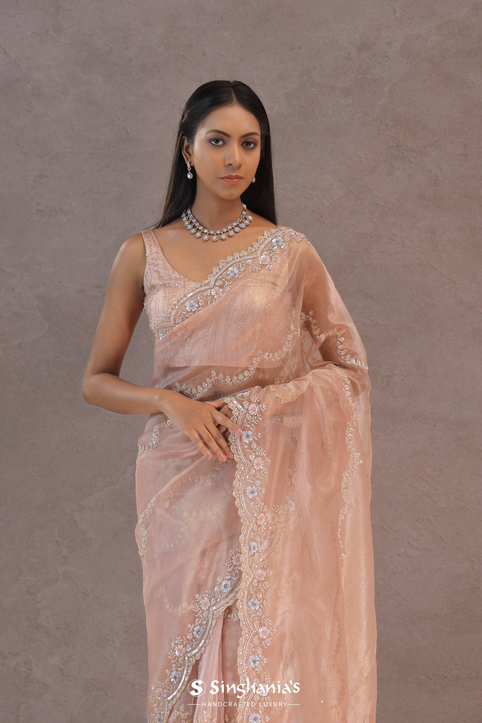Soft Lemonade Pink Organza Embroidery Saree With Scallop Border