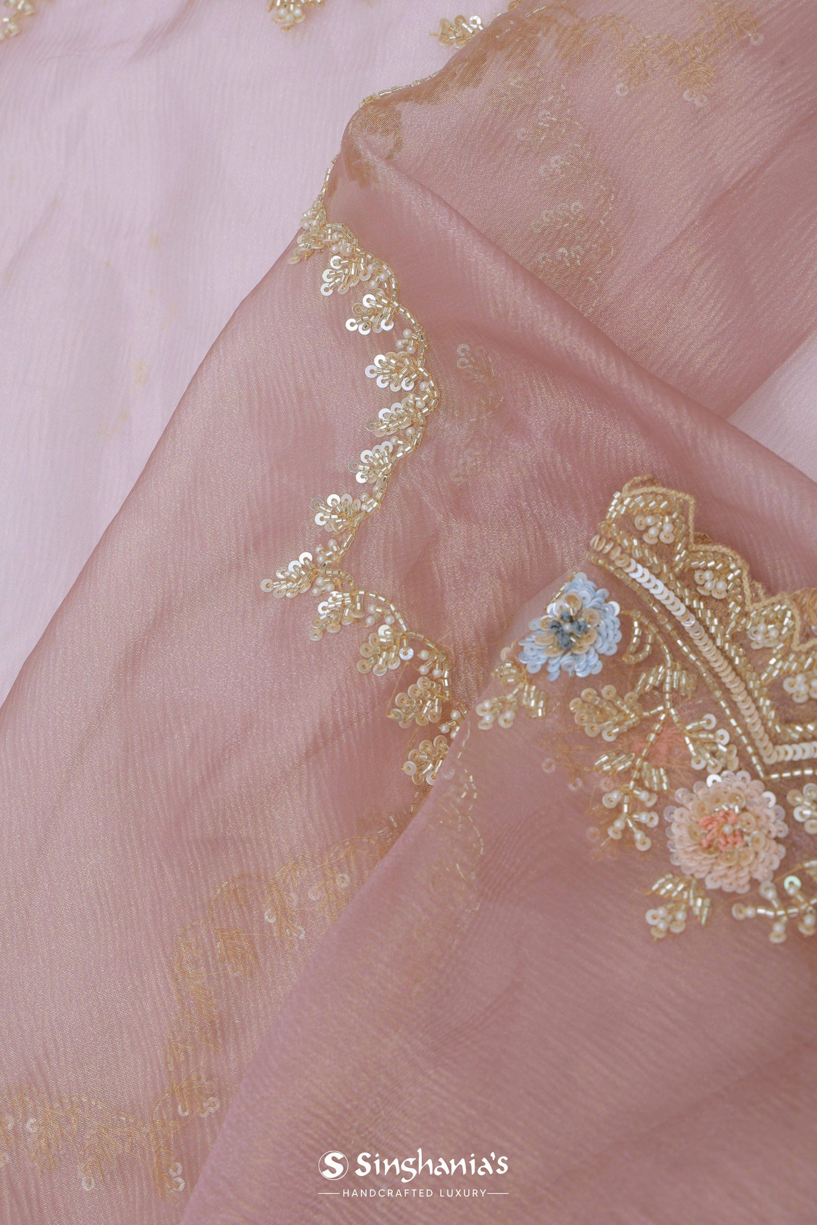 Soft Lemonade Pink Organza Embroidery Saree With Scallop Border