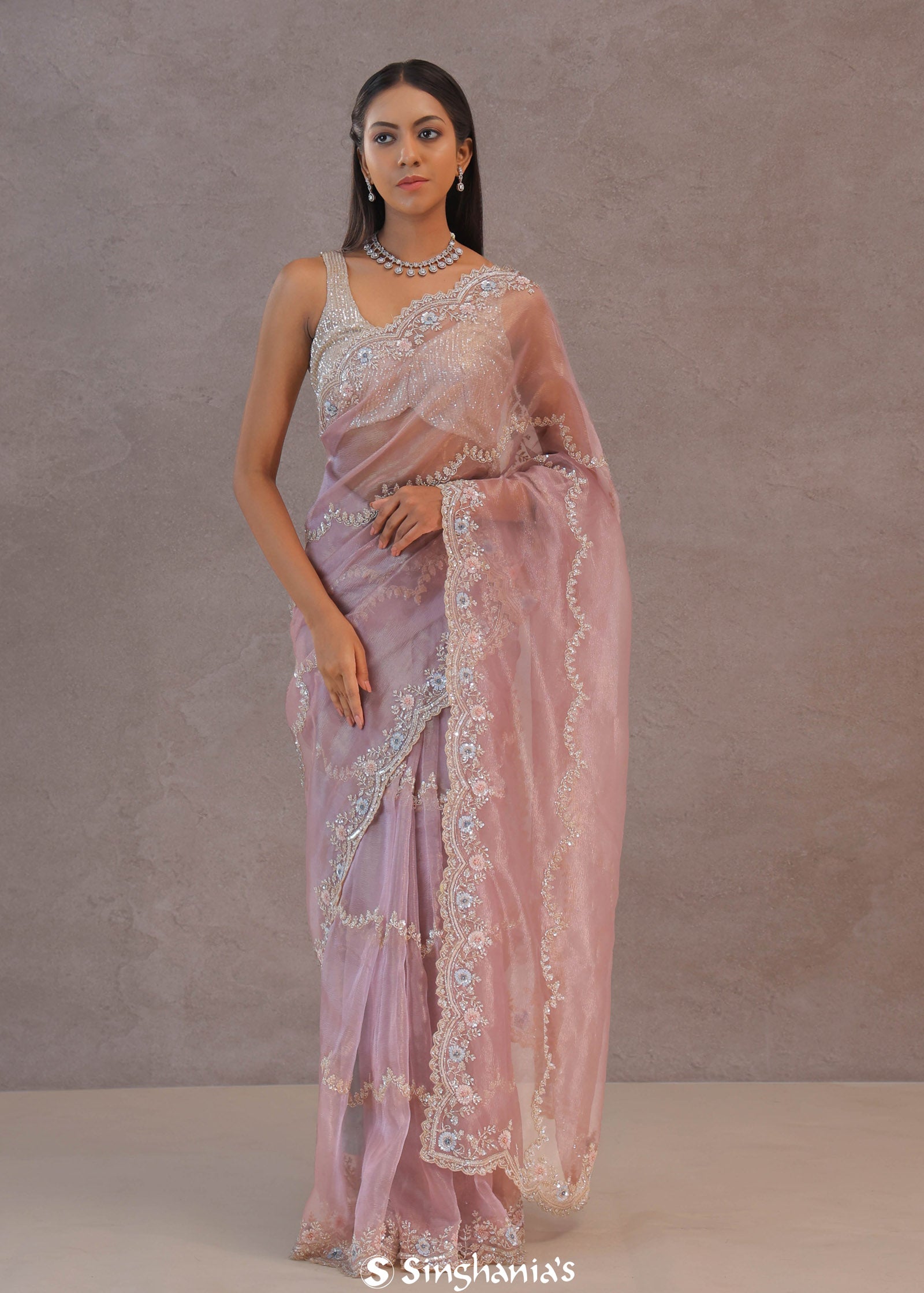 Peach Tissue Organza Embroidery Saree With Scallop Border