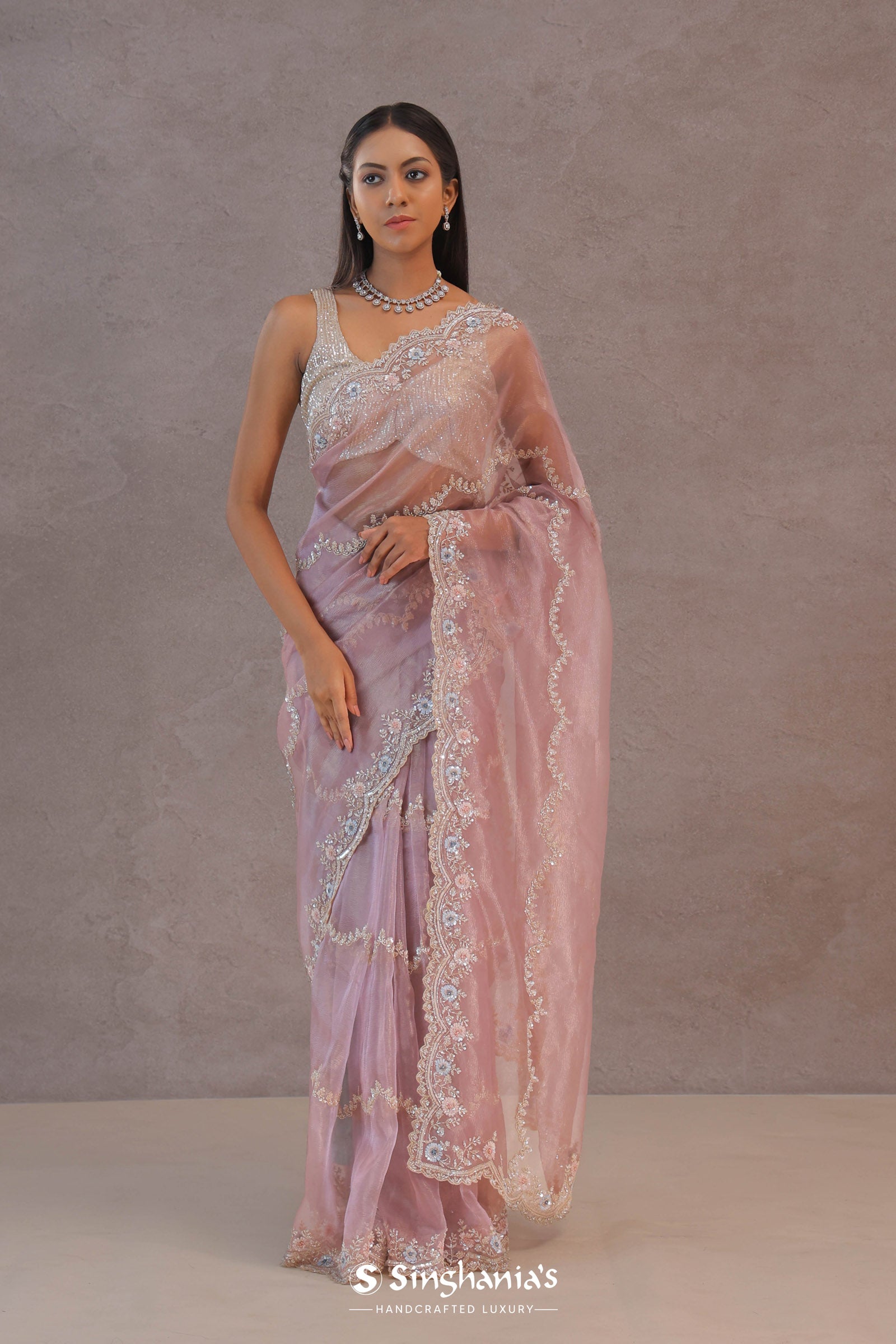 Peach Tissue Organza Embroidery Saree With Scallop Border