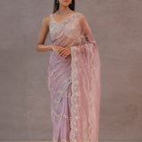Peach Tissue Organza Embroidery Saree With Scallop Border