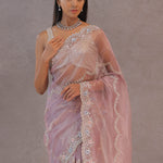 Peach Tissue Organza Embroidery Saree With Scallop Border