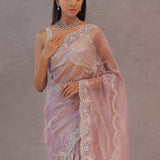 Peach Tissue Organza Embroidery Saree With Scallop Border