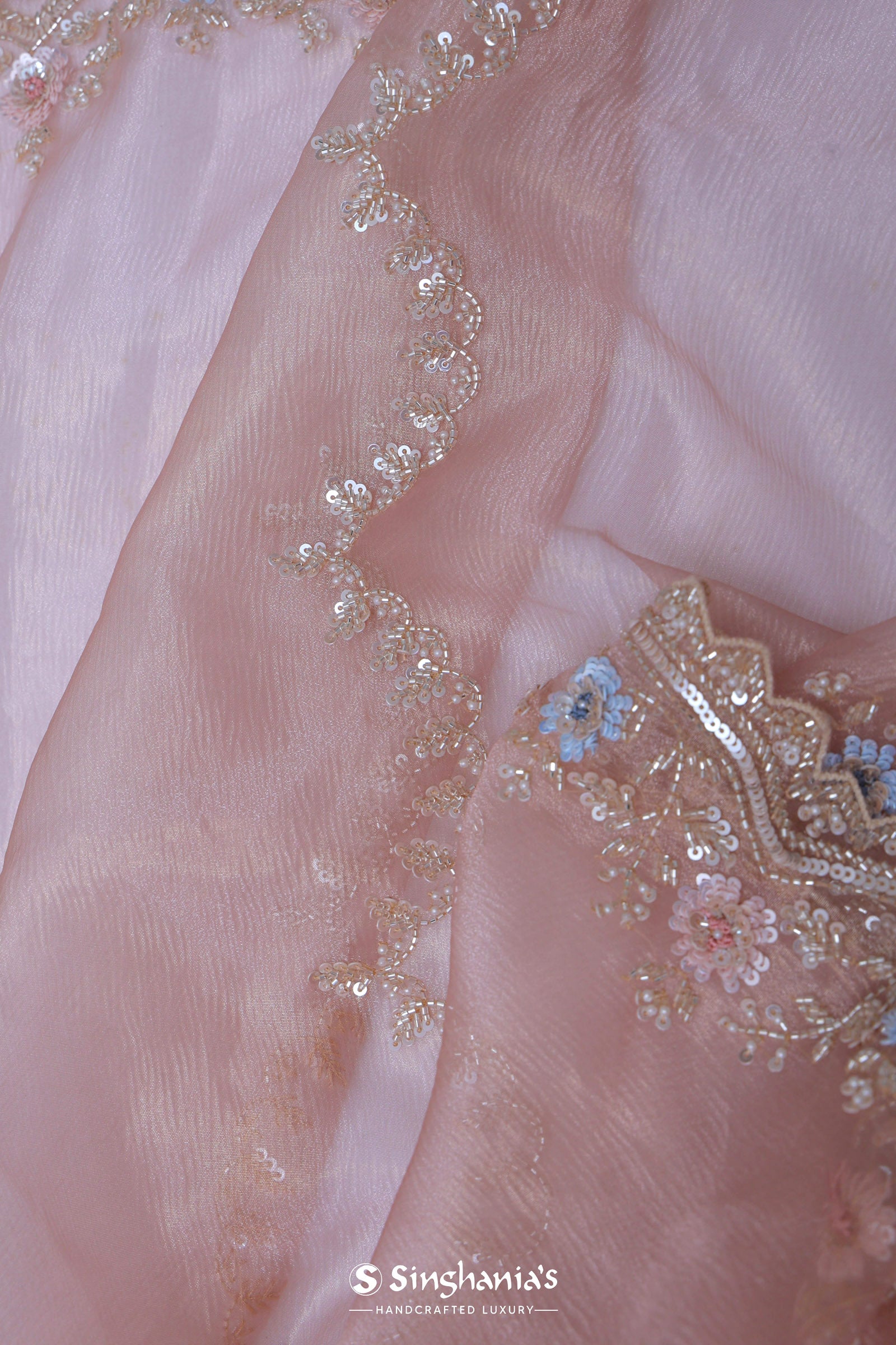 Peach Tissue Organza Embroidery Saree With Scallop Border