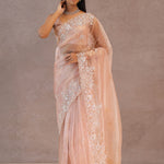 Soft Salmon Pink Organza Saree Embroidery With Scallop Border