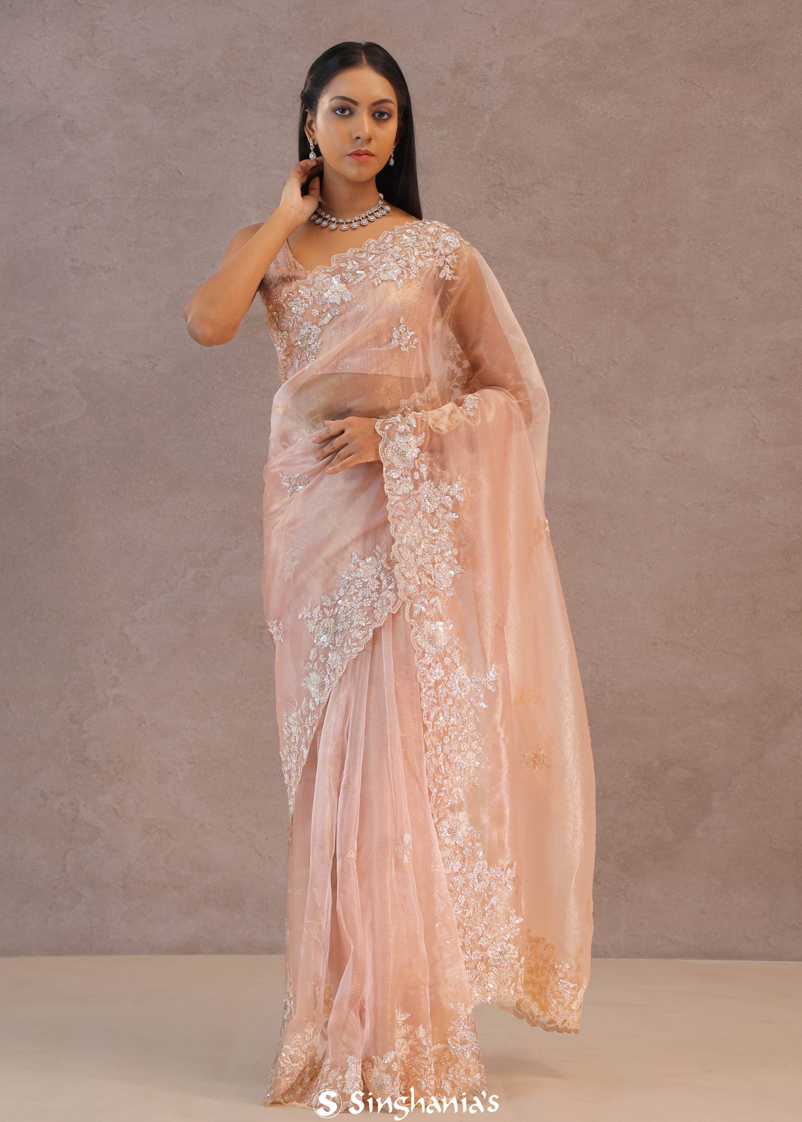 Soft Salmon Pink Organza Saree Embroidery With Scallop Border