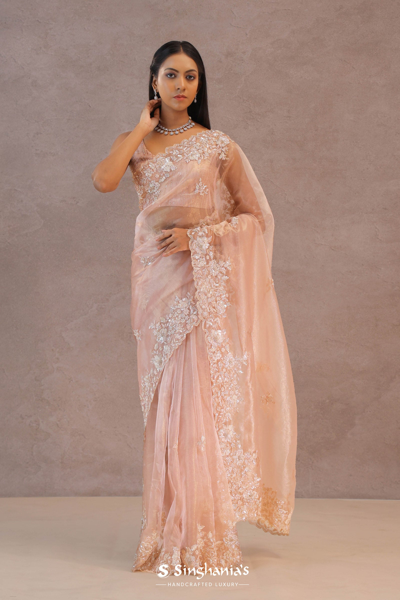 Soft Salmon Pink Organza Saree Embroidery With Scallop Border