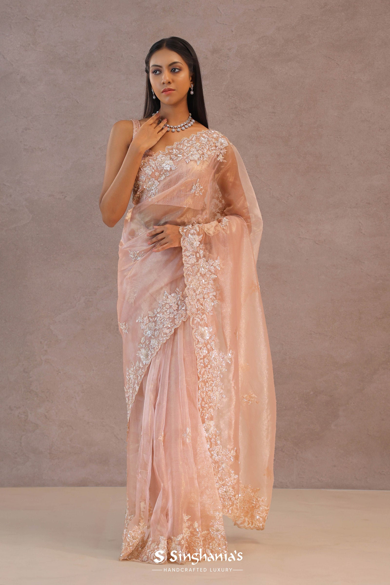 Soft Salmon Pink Organza Saree Embroidery With Scallop Border