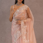 Soft Salmon Pink Organza Saree Embroidery With Scallop Border
