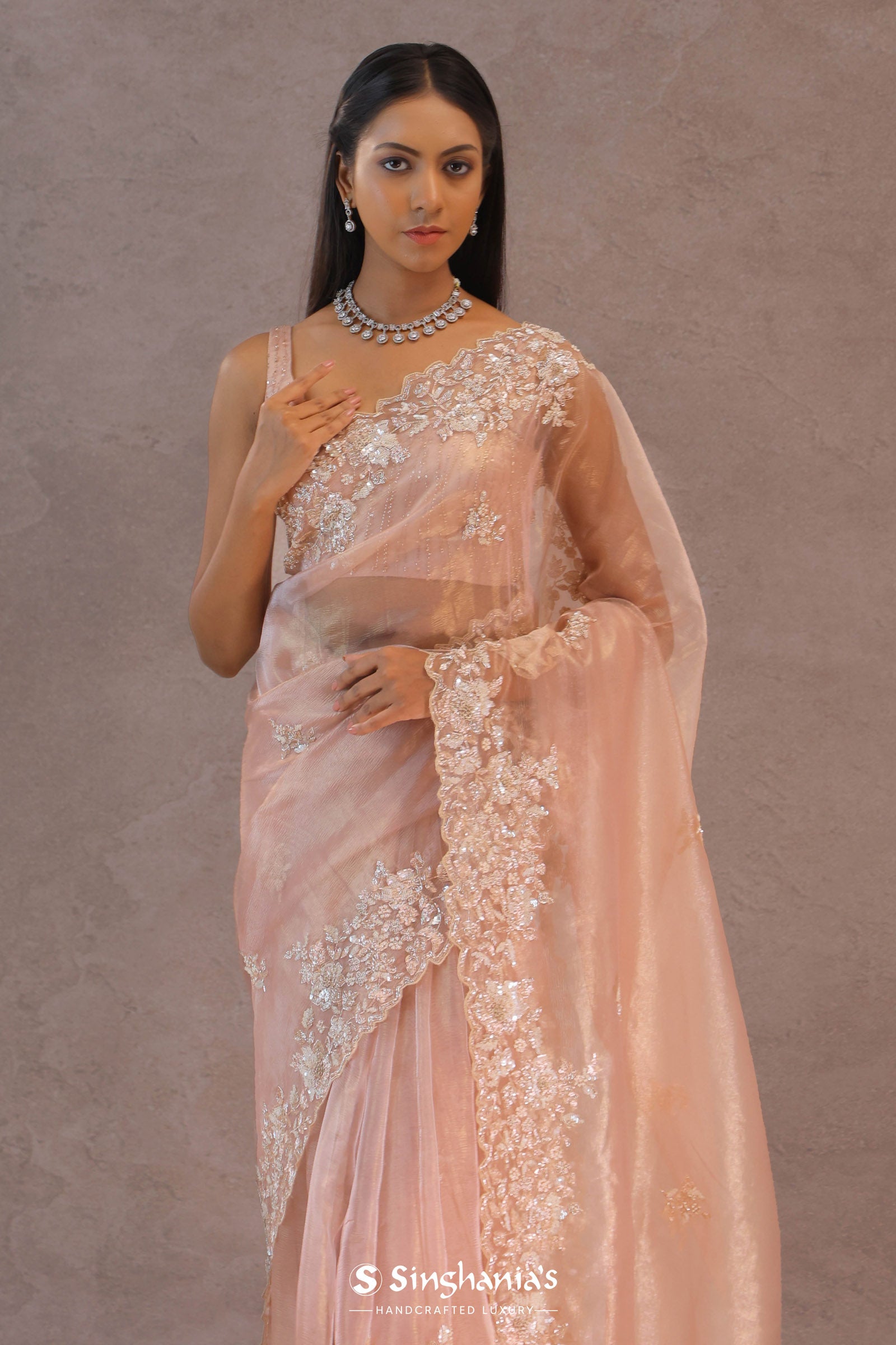 Soft Salmon Pink Organza Saree Embroidery With Scallop Border