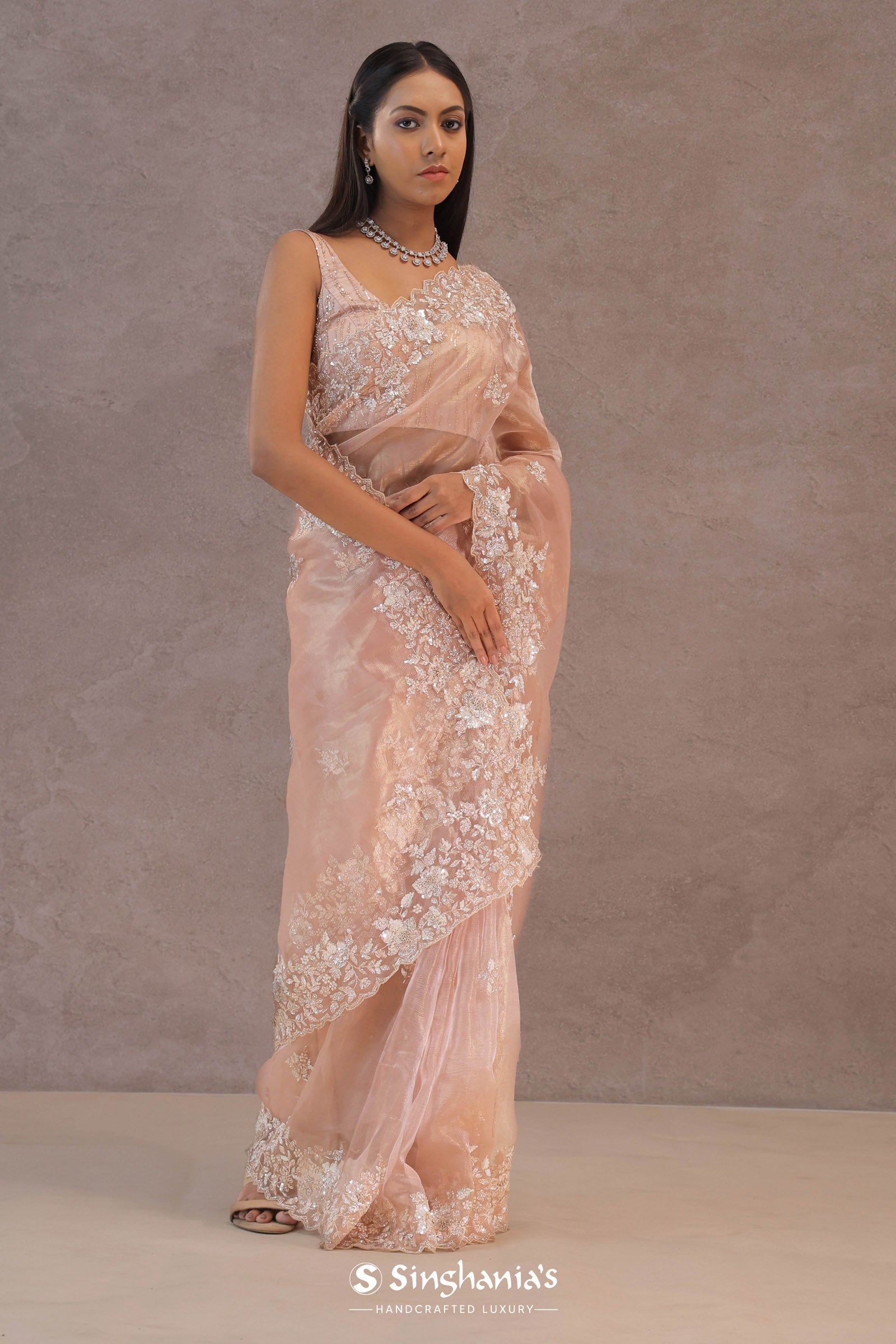 Soft Salmon Pink Organza Saree Embroidery With Scallop Border