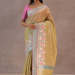 Soft Yellow Banarasi Organza Embroidery Saree With Contrast Border