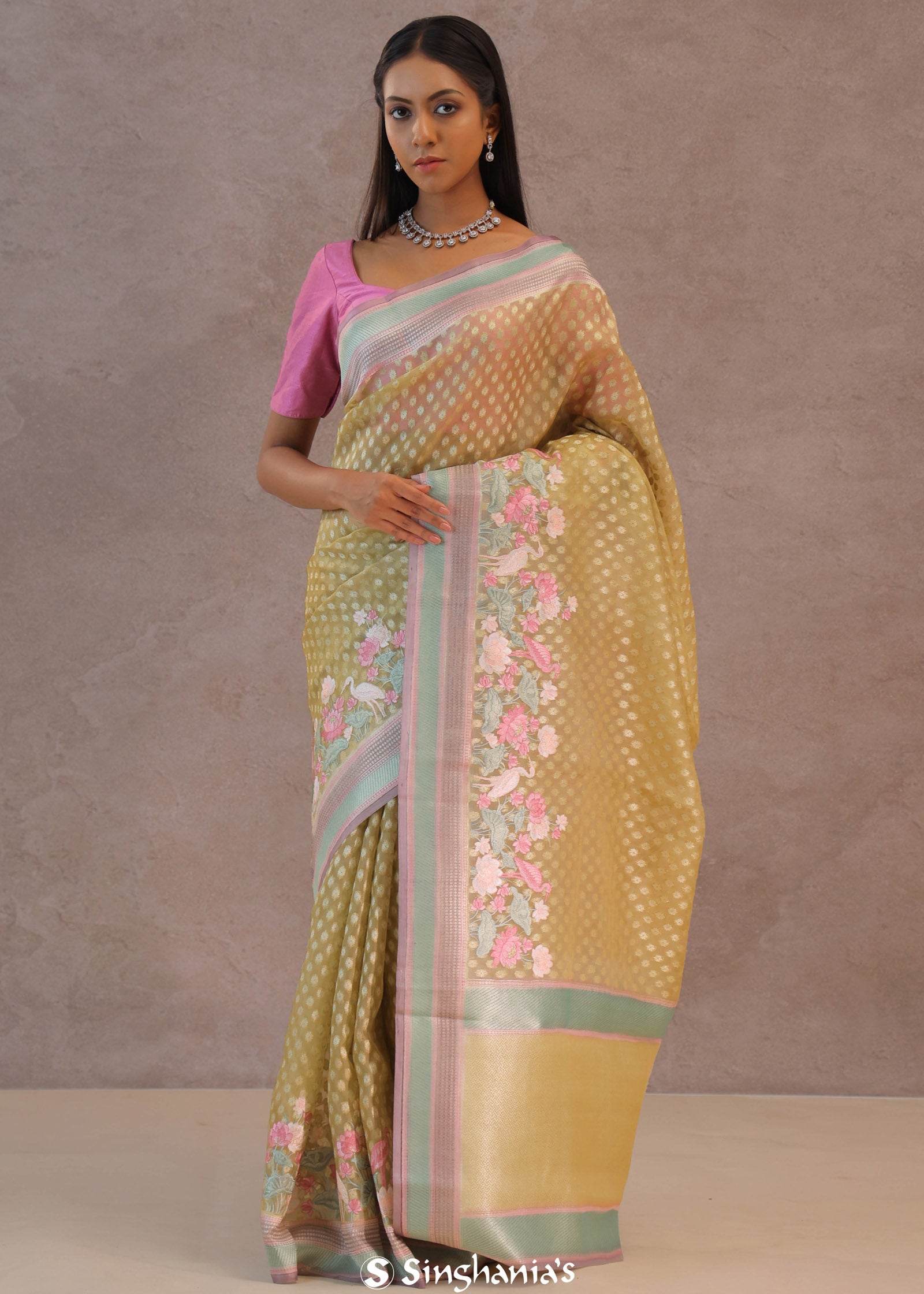 Soft Yellow Banarasi Organza Embroidery Saree With Contrast Border
