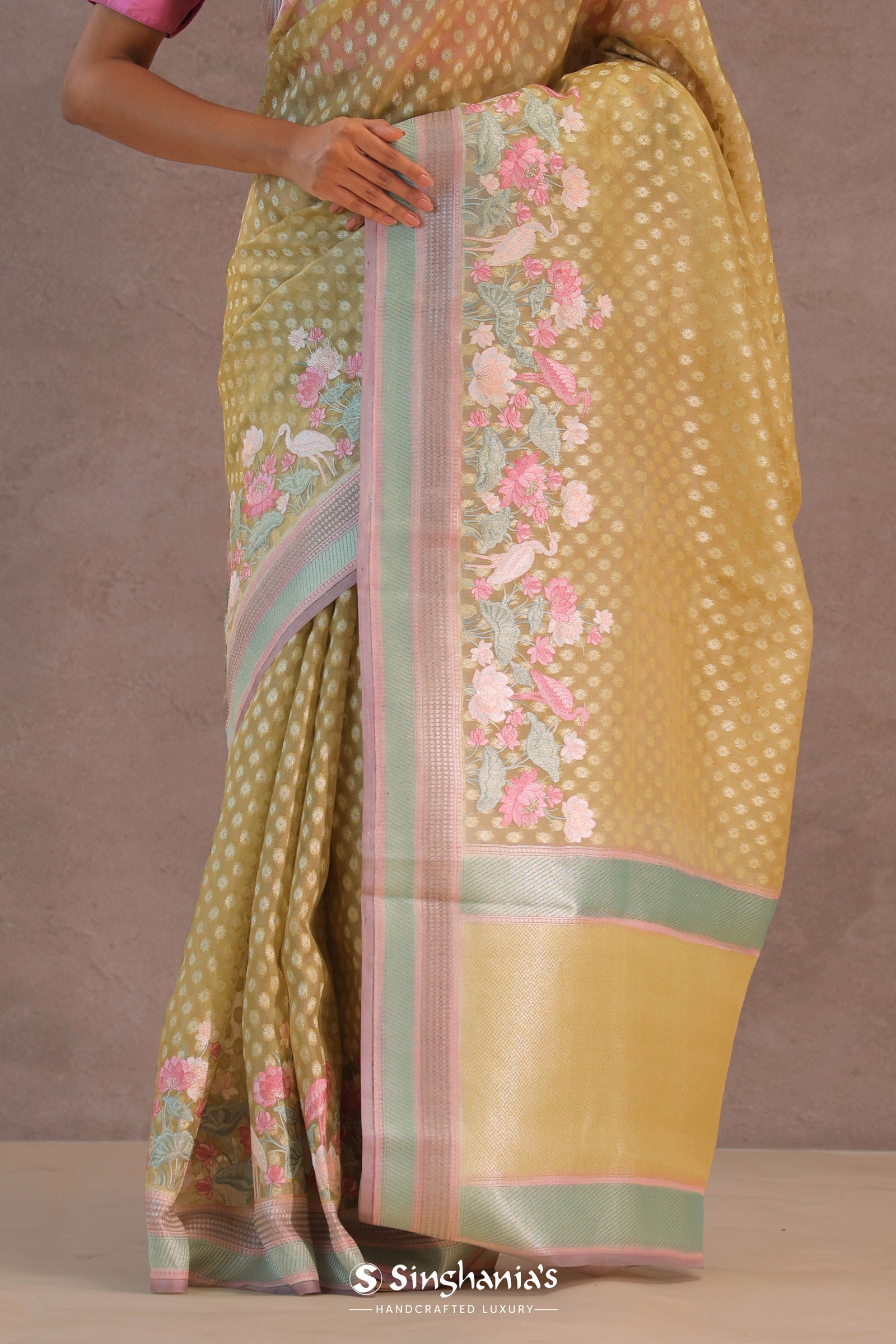Soft Yellow Banarasi Organza Embroidery Saree With Contrast Border