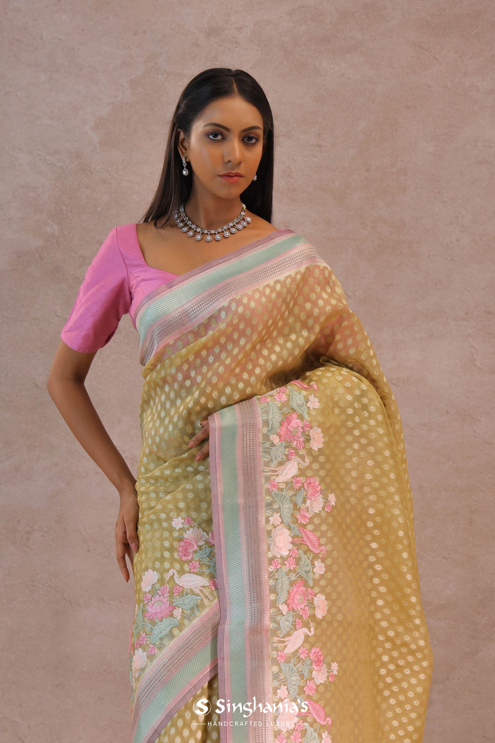 Soft Yellow Banarasi Organza Embroidery Saree With Contrast Border