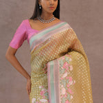 Soft Yellow Banarasi Organza Embroidery Saree With Contrast Border