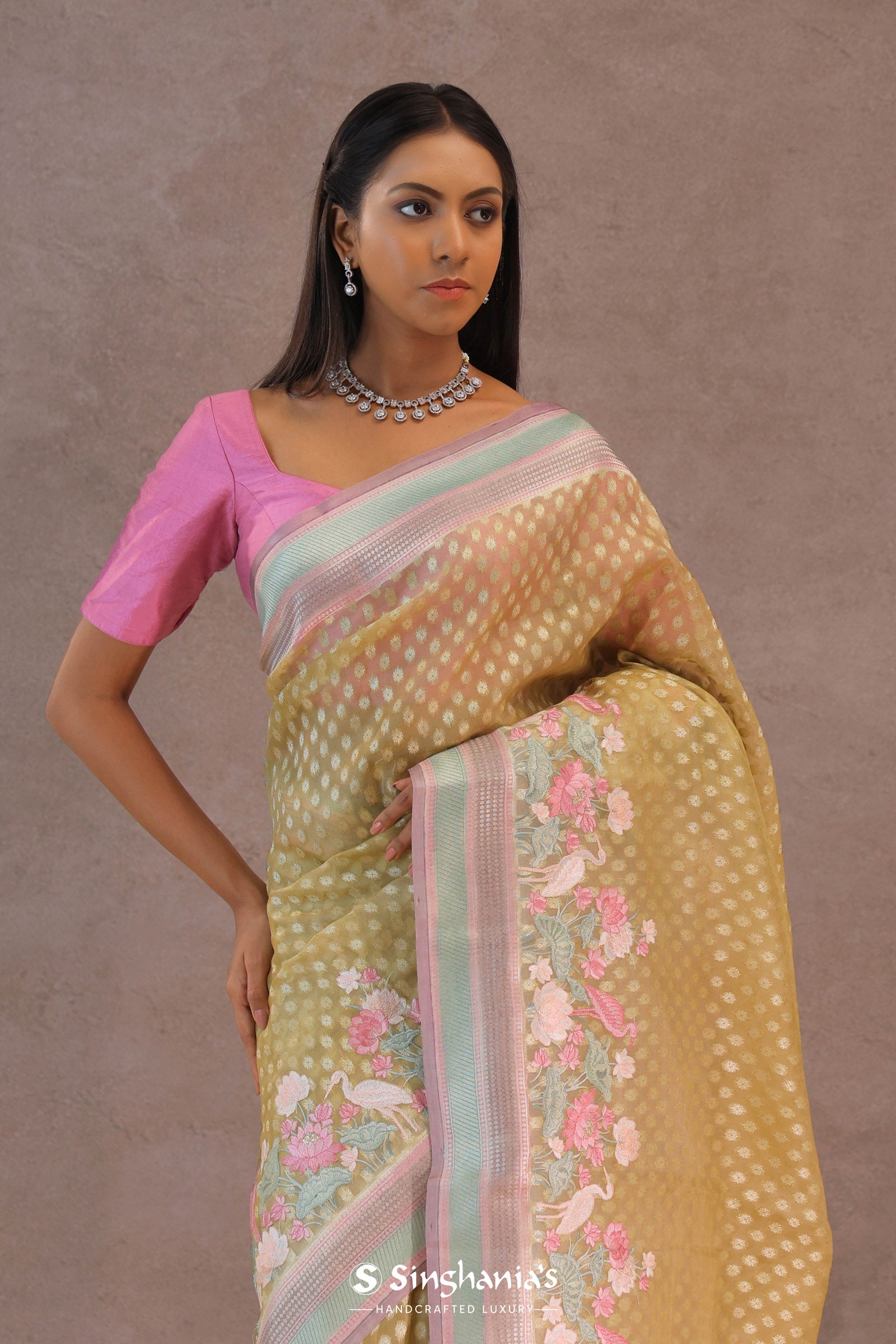 Soft Yellow Banarasi Organza Embroidery Saree With Contrast Border