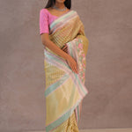 Soft Yellow Banarasi Organza Embroidery Saree With Contrast Border