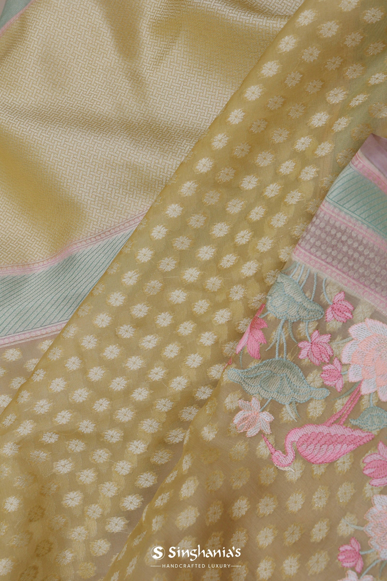 Soft Yellow Banarasi Organza Embroidery Saree With Contrast Border