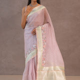 Soft Lemonade Pink Organza Embroidery Saree With Banarasi Border