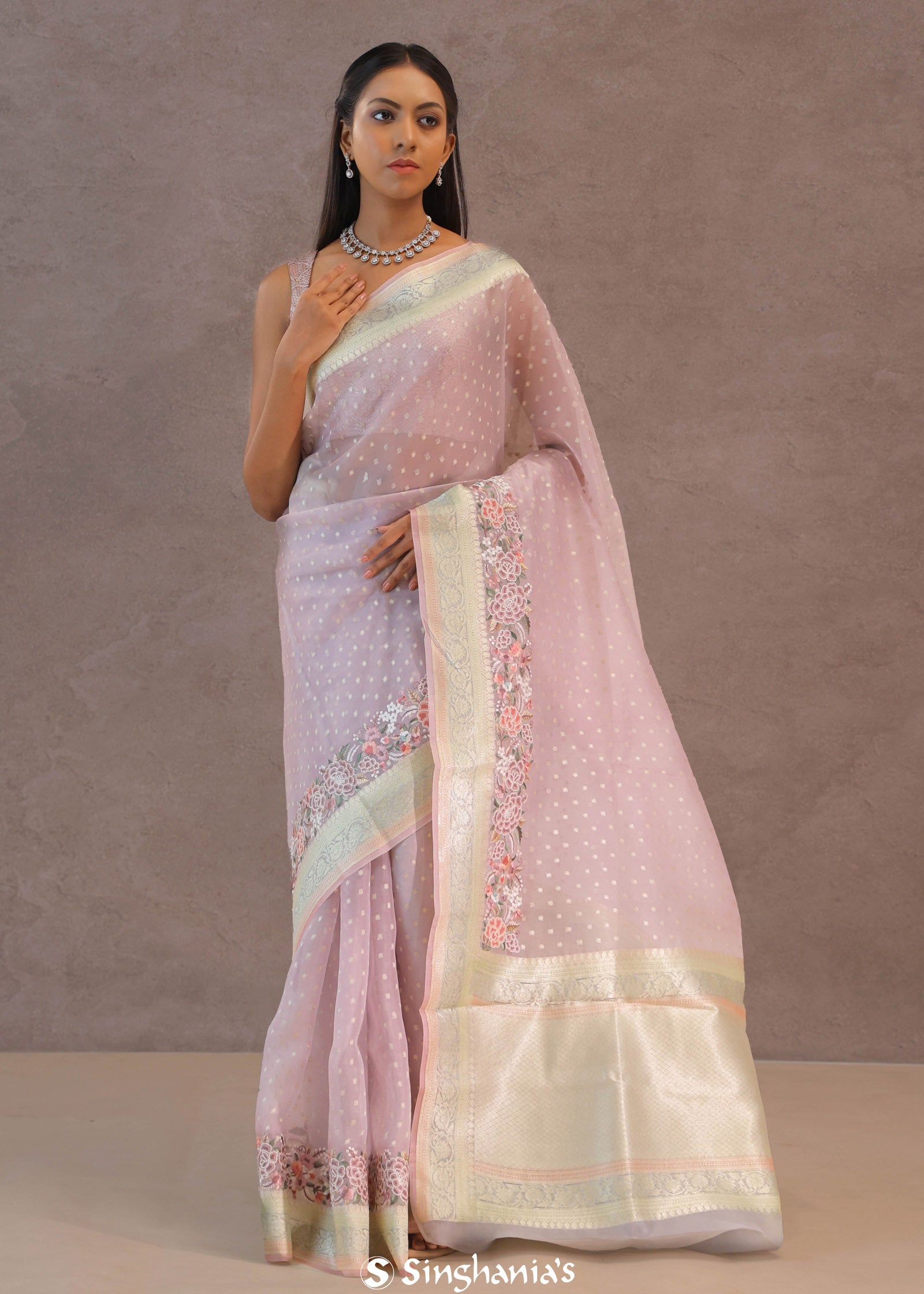 Soft Lemonade Pink Organza Embroidery Saree With Banarasi Border