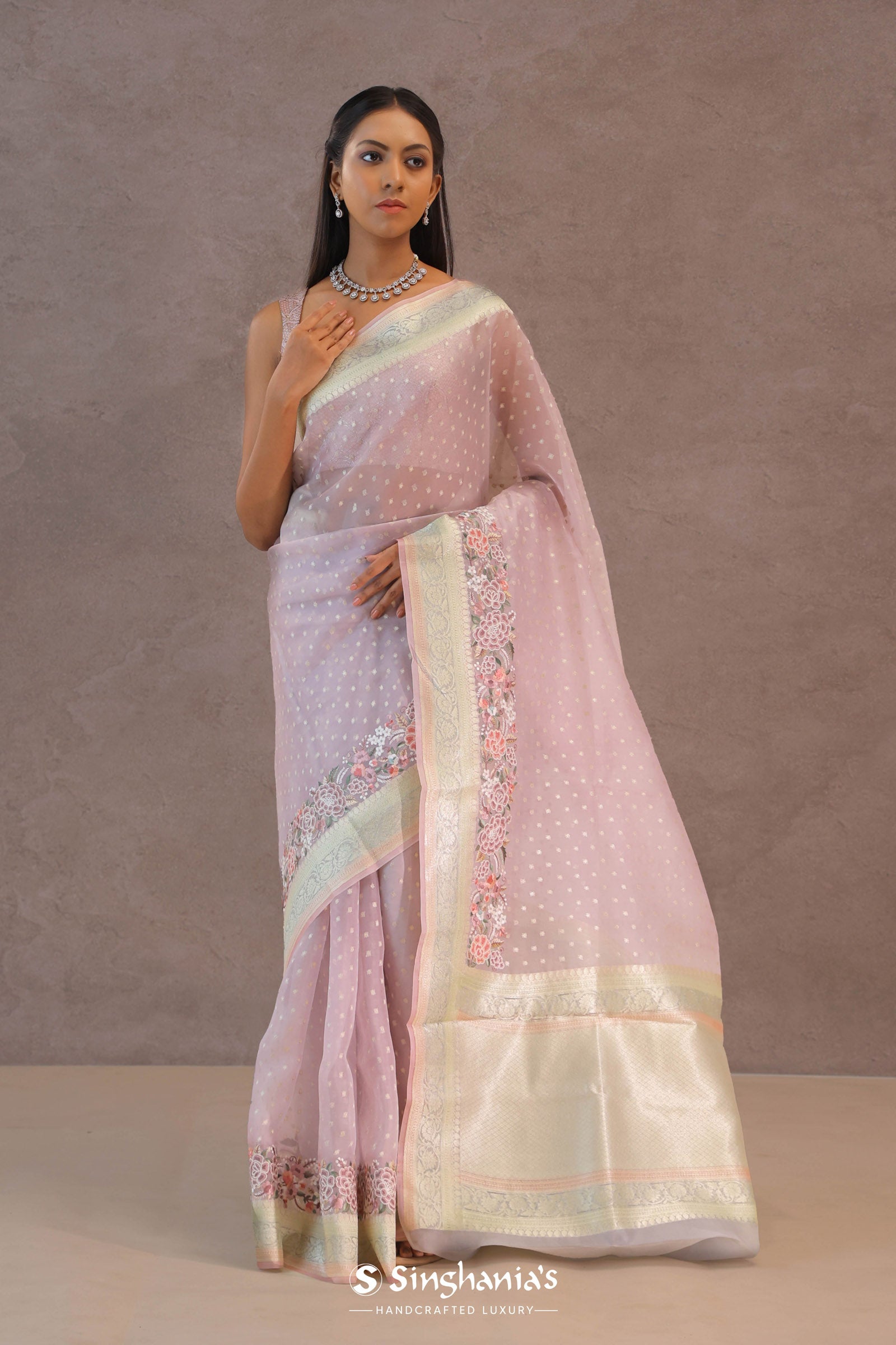 Soft Lemonade Pink Organza Embroidery Saree With Banarasi Border