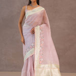 Soft Lemonade Pink Organza Embroidery Saree With Banarasi Border
