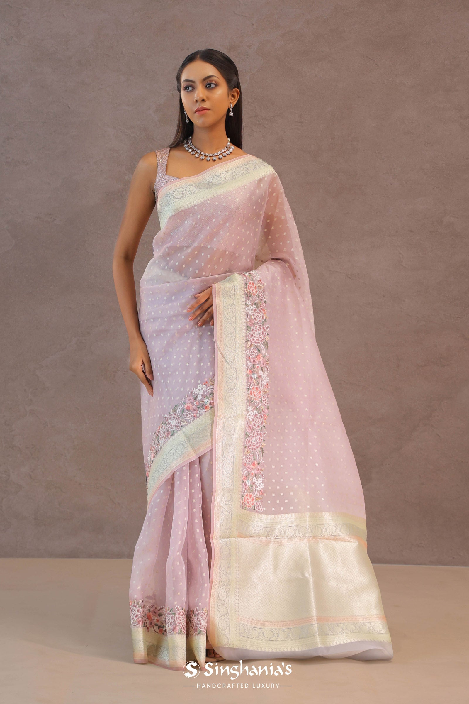Soft Lemonade Pink Organza Embroidery Saree With Banarasi Border