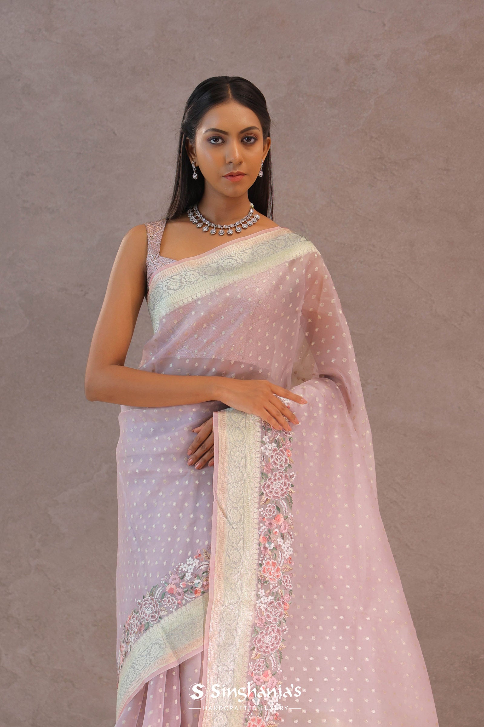 Soft Lemonade Pink Organza Embroidery Saree With Banarasi Border