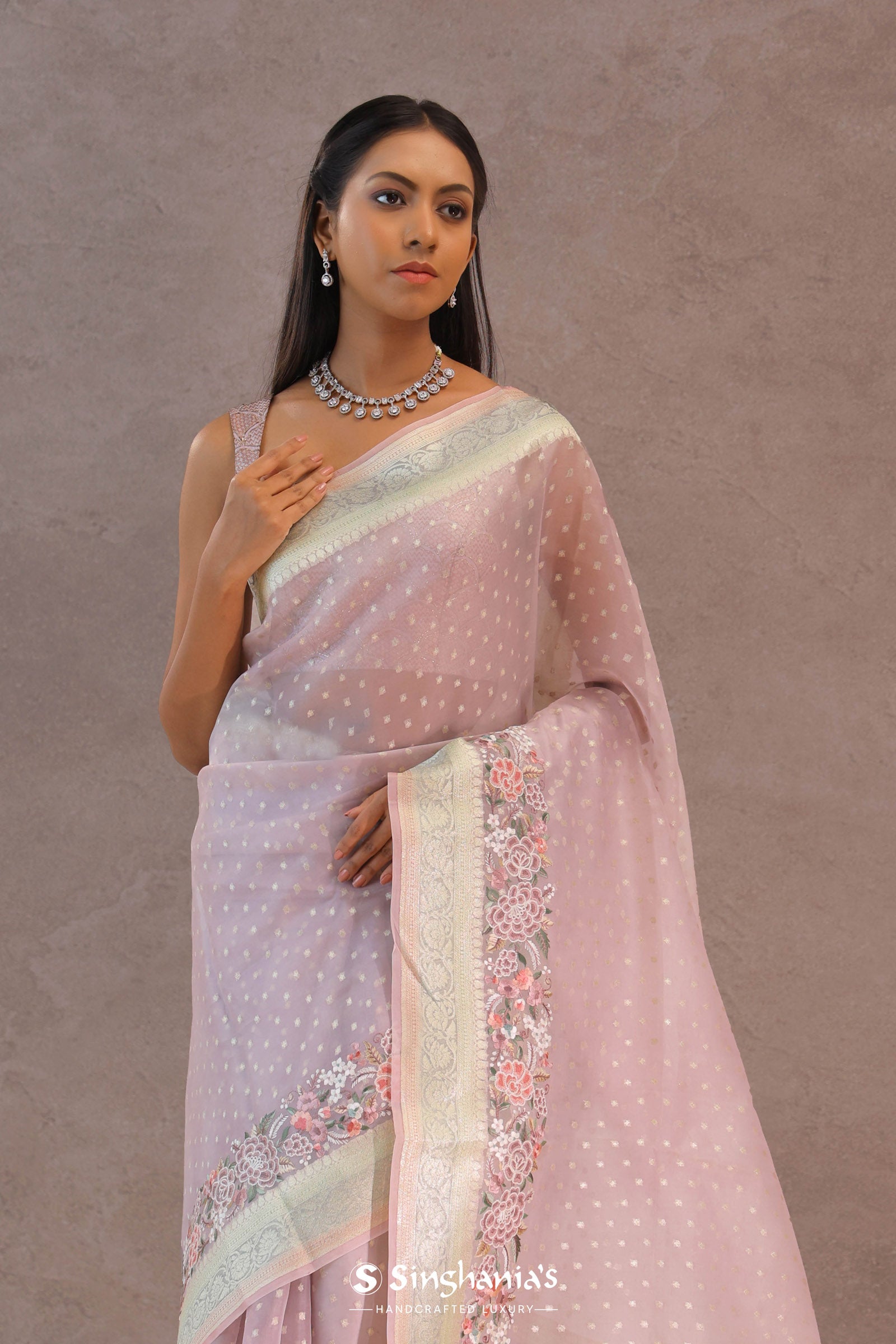Soft Lemonade Pink Organza Embroidery Saree With Banarasi Border