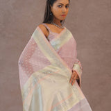 Soft Lemonade Pink Organza Embroidery Saree With Banarasi Border