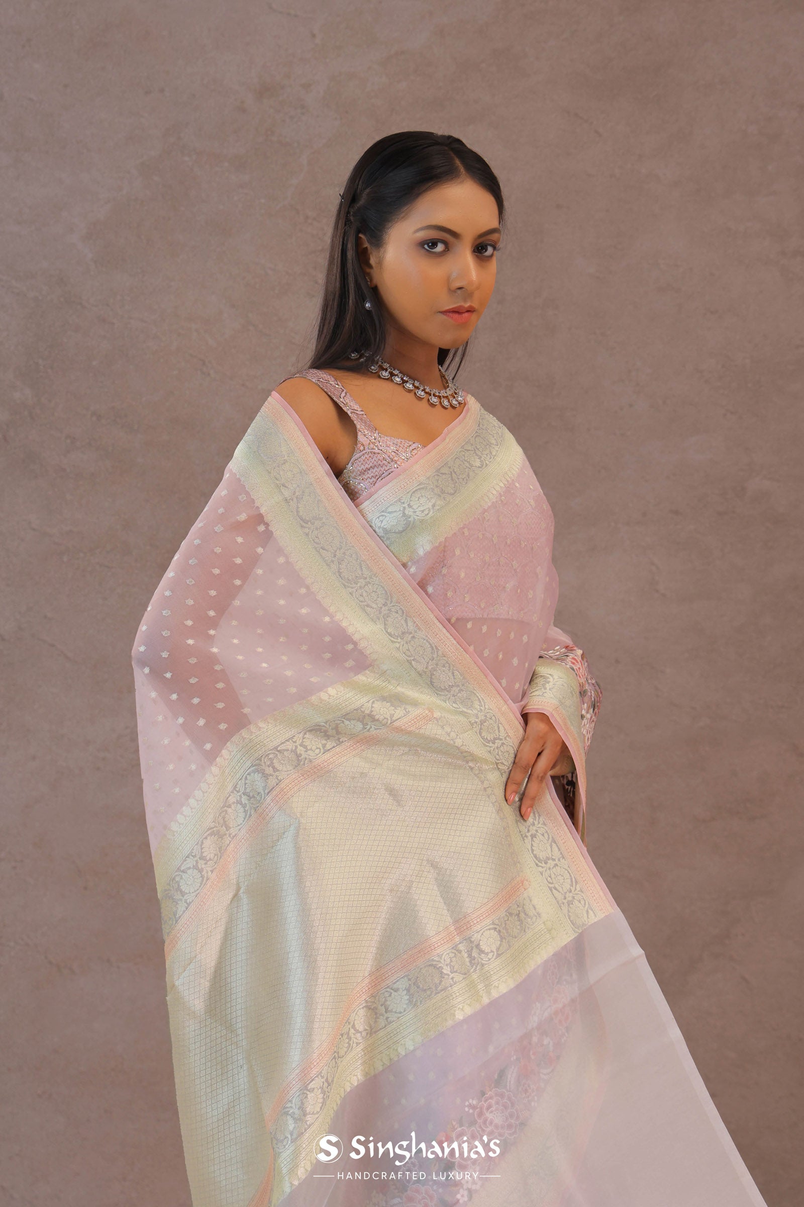 Soft Lemonade Pink Organza Embroidery Saree With Banarasi Border